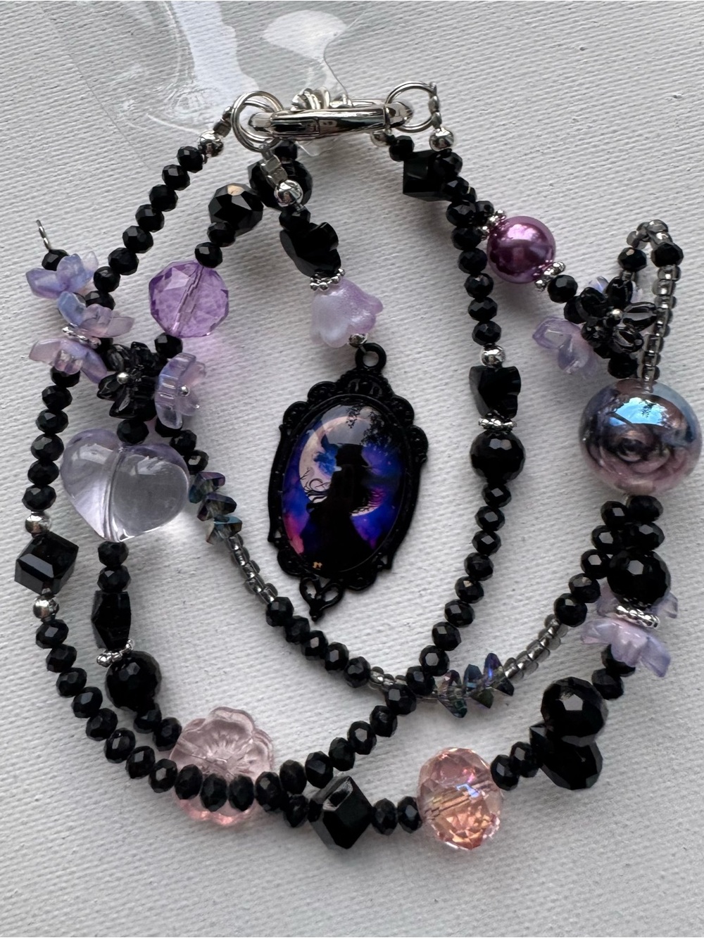 Handcrafted Black & Lavender Beaded Multi-Strand Phone Charm with Witch Cameo